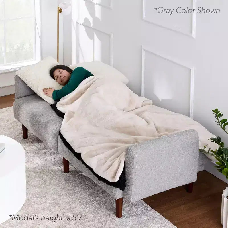 Futon convertibile curvo, divano letto con schienale sdoppiato in tessuto bouclé