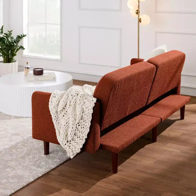 Futon convertibile curvo, divano letto con schienale sdoppiato in tessuto bouclé