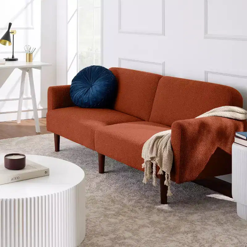 Futon convertibile curvo, divano letto con schienale sdoppiato in tessuto bouclé