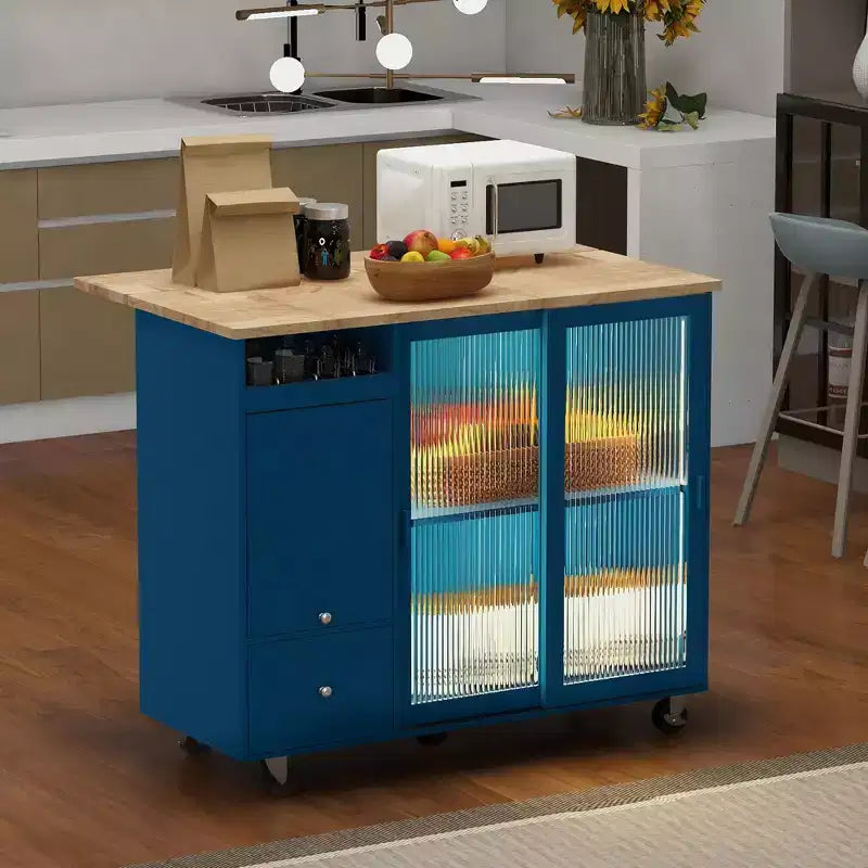 Carrello da Cucina con Isola a Rotelle con Luce LED, Tavolo da Isola da Cucina con Ripiano Regolabile e Contenitori a 2 Cassetti, Isola su Ruote