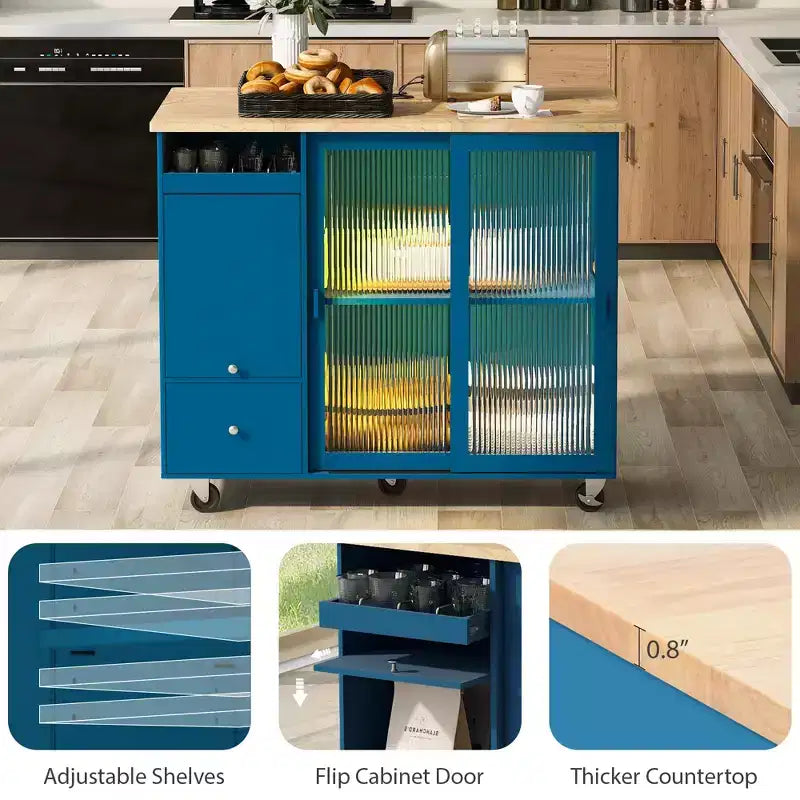 Carrello da Cucina con Isola a Rotelle con Luce LED, Tavolo da Isola da Cucina con Ripiano Regolabile e Contenitori a 2 Cassetti, Isola su Ruote