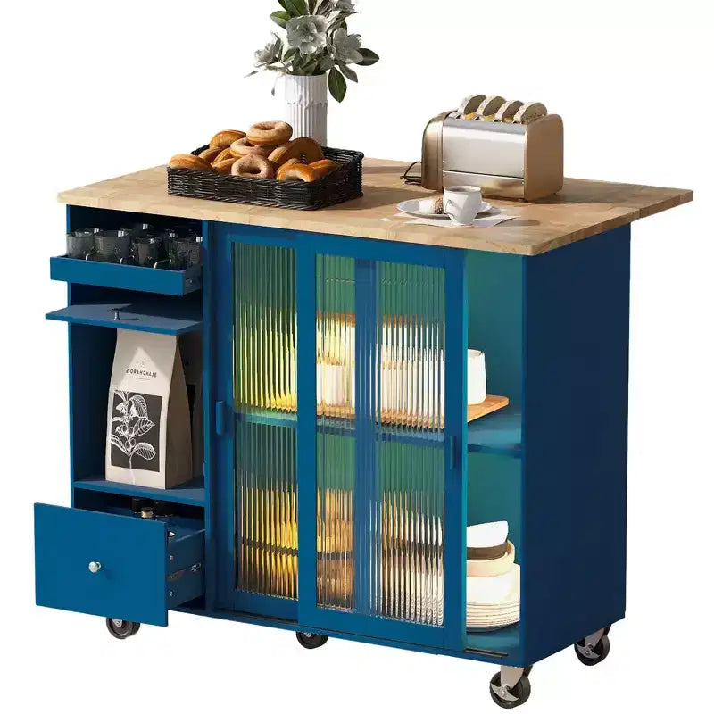 Carrello da Cucina con Isola a Rotelle con Luce LED, Tavolo da Isola da Cucina con Ripiano Regolabile e Contenitori a 2 Cassetti, Isola su Ruote