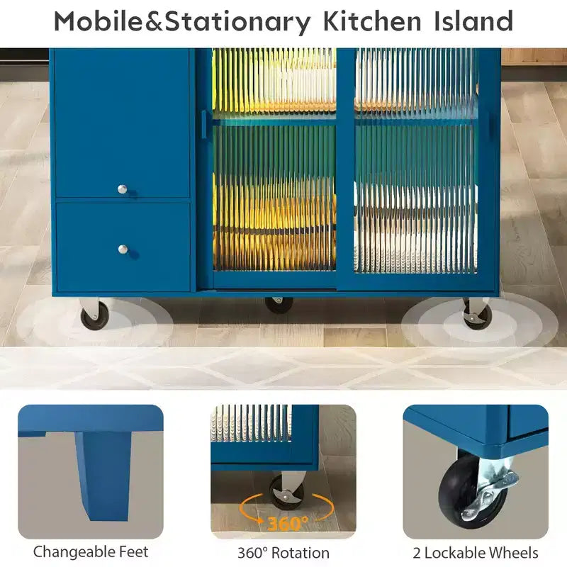 Carrello da Cucina con Isola a Rotelle con Luce LED, Tavolo da Isola da Cucina con Ripiano Regolabile e Contenitori a 2 Cassetti, Isola su Ruote