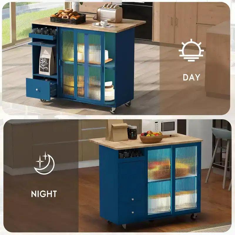 Carrello da Cucina con Isola a Rotelle con Luce LED, Tavolo da Isola da Cucina con Ripiano Regolabile e Contenitori a 2 Cassetti, Isola su Ruote