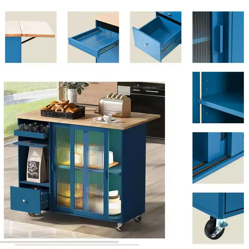 Carrello da Cucina con Isola a Rotelle con Luce LED, Tavolo da Isola da Cucina con Ripiano Regolabile e Contenitori a 2 Cassetti, Isola su Ruote