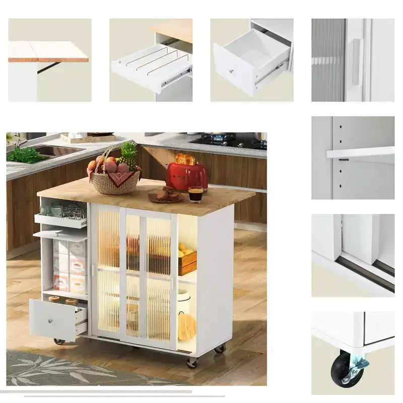 Carrello da Cucina con Isola a Rotelle con Luce LED, Tavolo da Isola da Cucina con Ripiano Regolabile e Contenitori a 2 Cassetti, Isola su Ruote