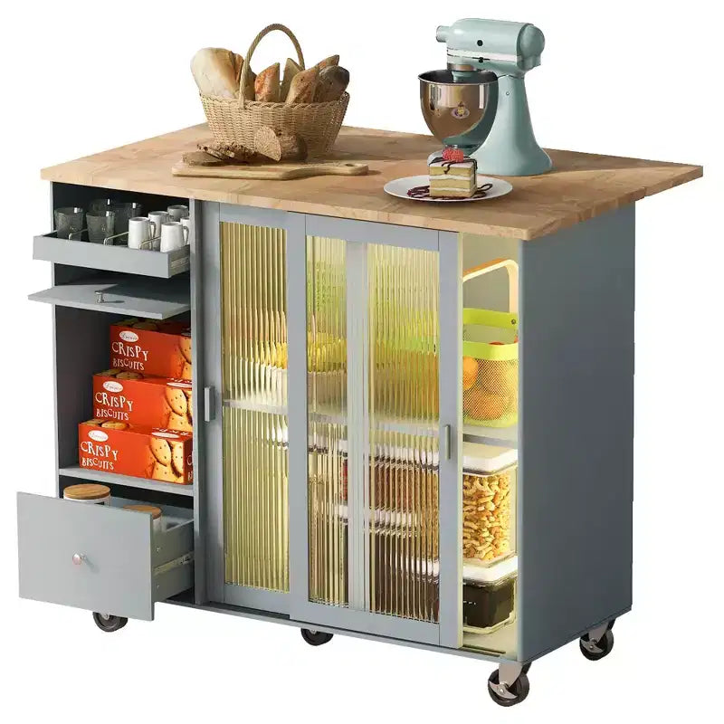 Carrello da Cucina con Isola a Rotelle con Luce LED, Tavolo da Isola da Cucina con Ripiano Regolabile e Contenitori a 2 Cassetti, Isola su Ruote