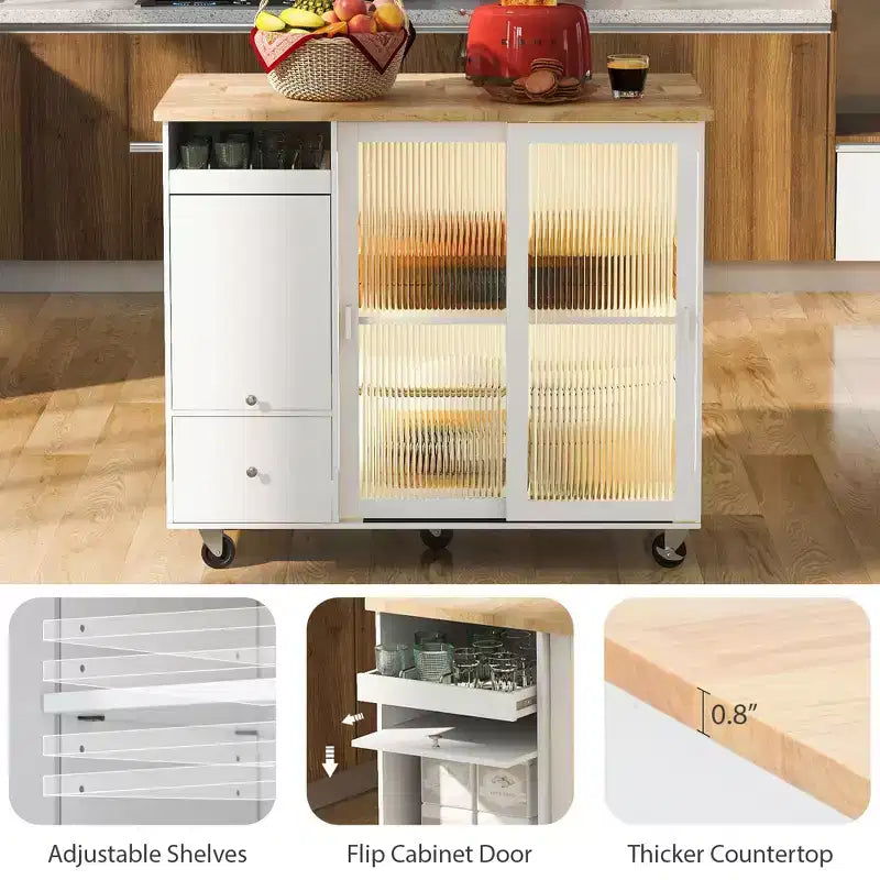 Carrello da Cucina con Isola a Rotelle con Luce LED, Tavolo da Isola da Cucina con Ripiano Regolabile e Contenitori a 2 Cassetti, Isola su Ruote