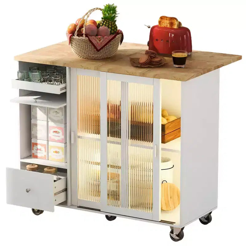 Carrello da Cucina con Isola a Rotelle con Luce LED, Tavolo da Isola da Cucina con Ripiano Regolabile e Contenitori a 2 Cassetti, Isola su Ruote