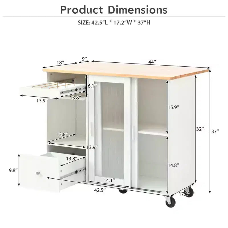 Carrello da Cucina con Isola a Rotelle con Luce LED, Tavolo da Isola da Cucina con Ripiano Regolabile e Contenitori a 2 Cassetti, Isola su Ruote