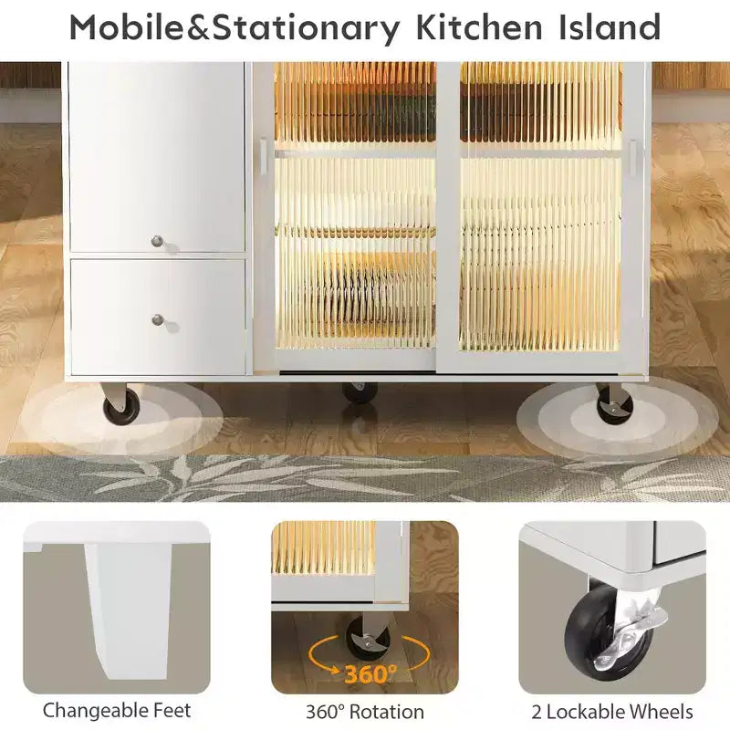 Carrello da Cucina con Isola a Rotelle con Luce LED, Tavolo da Isola da Cucina con Ripiano Regolabile e Contenitori a 2 Cassetti, Isola su Ruote