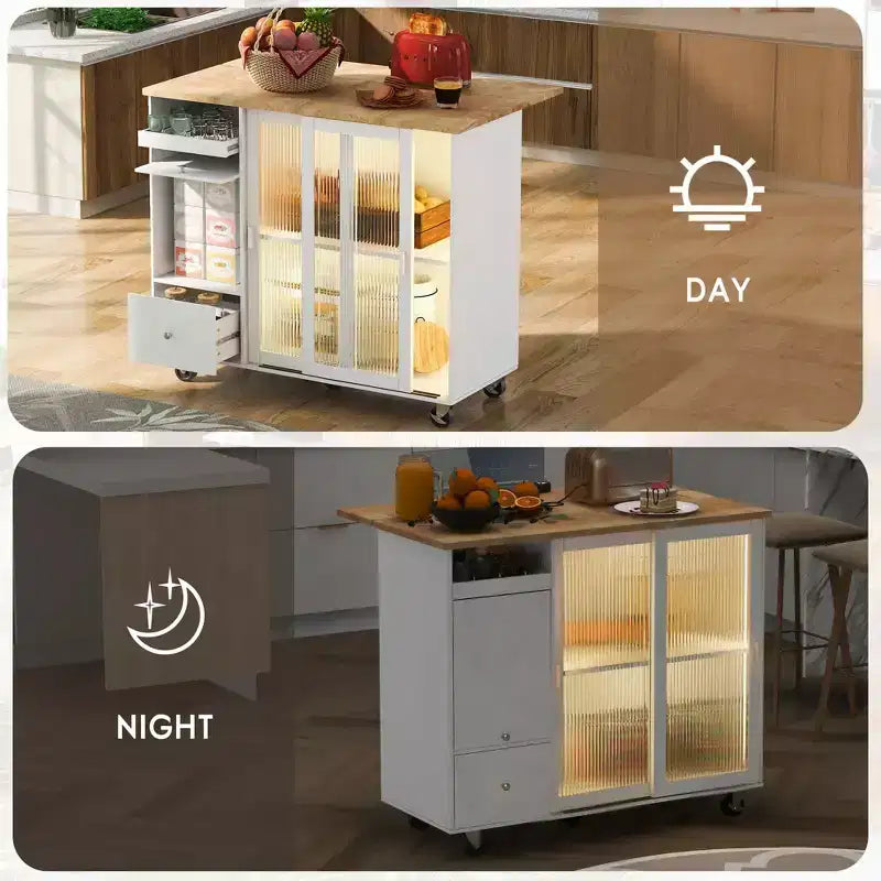 Carrello da Cucina con Isola a Rotelle con Luce LED, Tavolo da Isola da Cucina con Ripiano Regolabile e Contenitori a 2 Cassetti, Isola su Ruote