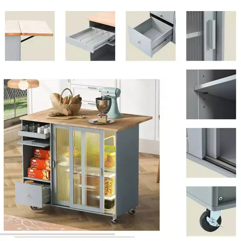 Carrello da Cucina con Isola a Rotelle con Luce LED, Tavolo da Isola da Cucina con Ripiano Regolabile e Contenitori a 2 Cassetti, Isola su Ruote