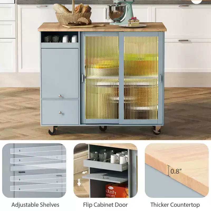 Carrello da Cucina con Isola a Rotelle con Luce LED, Tavolo da Isola da Cucina con Ripiano Regolabile e Contenitori a 2 Cassetti, Isola su Ruote