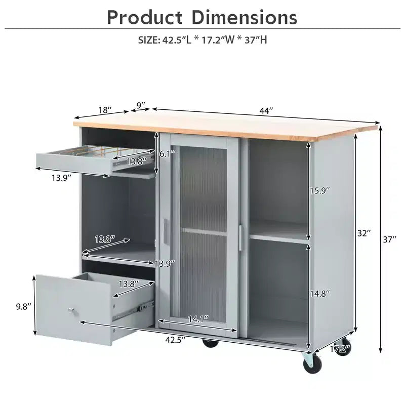 Carrello da Cucina con Isola a Rotelle con Luce LED, Tavolo da Isola da Cucina con Ripiano Regolabile e Contenitori a 2 Cassetti, Isola su Ruote