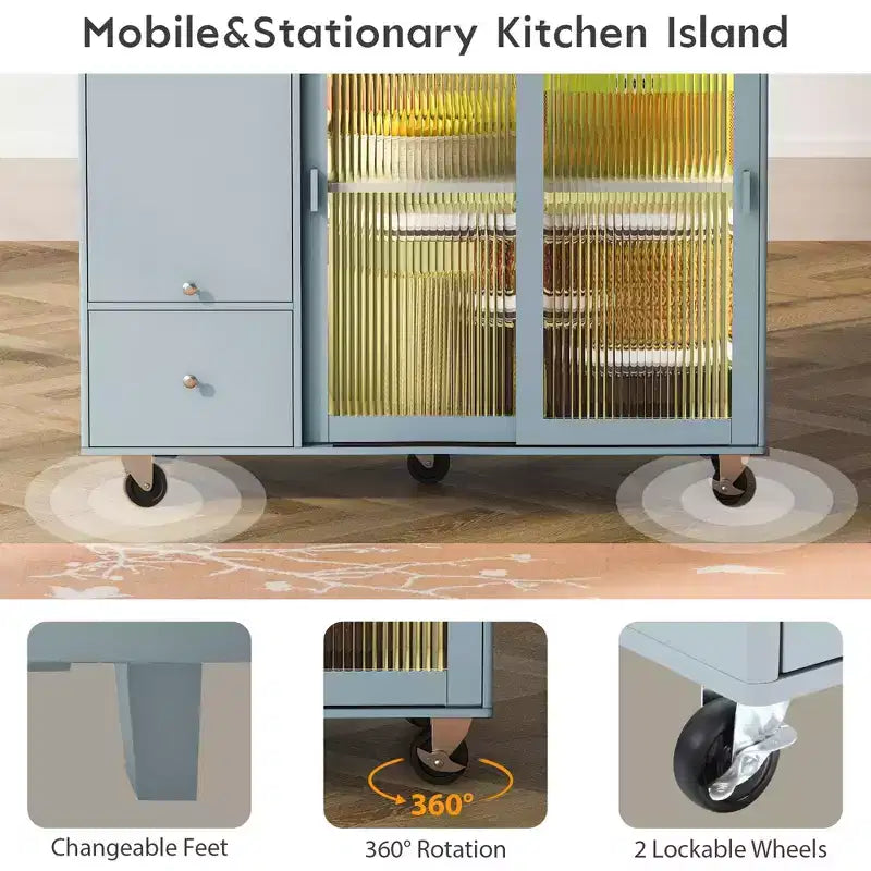 Carrello da Cucina con Isola a Rotelle con Luce LED, Tavolo da Isola da Cucina con Ripiano Regolabile e Contenitori a 2 Cassetti, Isola su Ruote