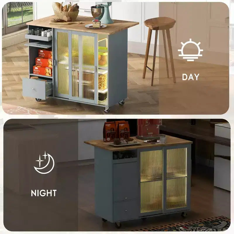 Carrello da Cucina con Isola a Rotelle con Luce LED, Tavolo da Isola da Cucina con Ripiano Regolabile e Contenitori a 2 Cassetti, Isola su Ruote