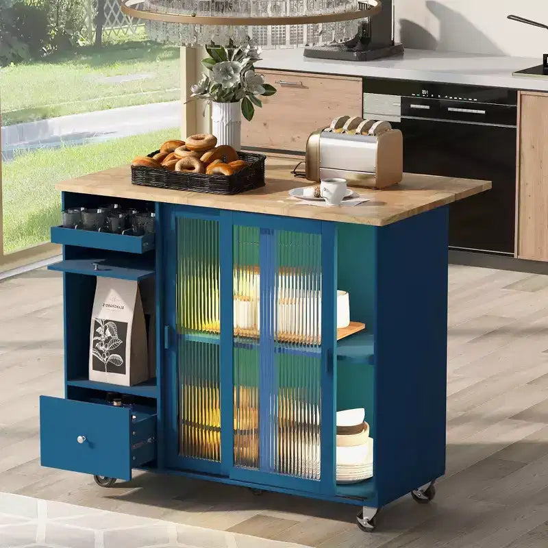 Carrello da Cucina con Isola a Rotelle con Luce LED, Tavolo da Isola da Cucina con Ripiano Regolabile e Contenitori a 2 Cassetti, Isola su Ruote