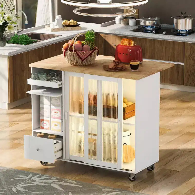 Carrello da Cucina con Isola a Rotelle con Luce LED, Tavolo da Isola da Cucina con Ripiano Regolabile e Contenitori a 2 Cassetti, Isola su Ruote