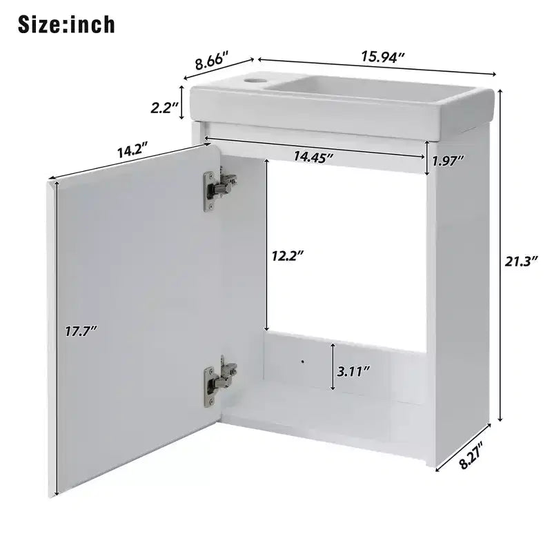 Mobile bagno da 16" con lavabo, mobiletto con ante a chiusura ammortizzata, mobile da bagno a parete con lavabo sospeso per piccoli spazi