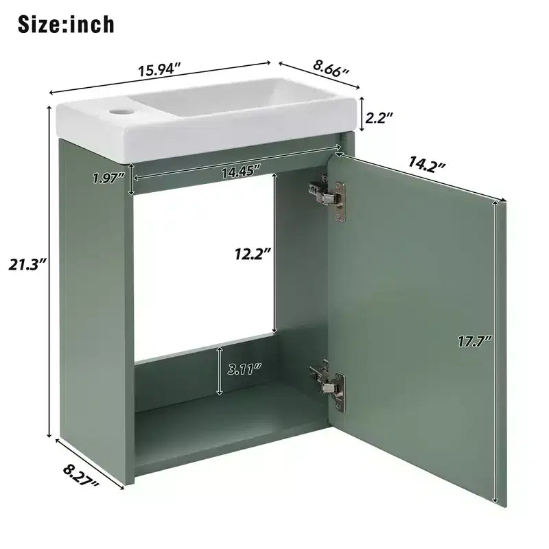 Mobile bagno da 16" con lavabo, mobiletto con ante a chiusura ammortizzata, mobile da bagno a parete con lavabo sospeso per piccoli spazi