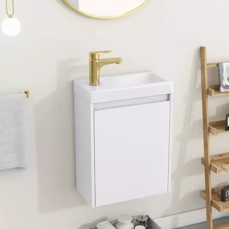 Mobile bagno da 16" con lavabo, mobiletto con ante a chiusura ammortizzata, mobile da bagno a parete con lavabo sospeso per piccoli spazi