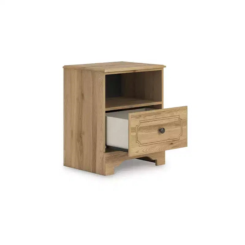 Comodino a un cassetto - Finitura Rovere Marrone Caldo, Ricarica USB-A e USB-C, Vano a giorno