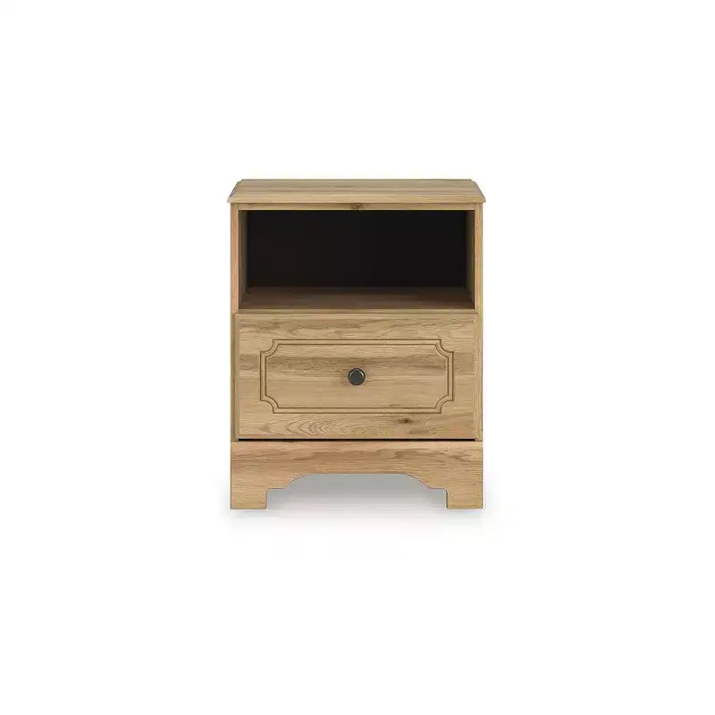 Comodino a un cassetto - Finitura Rovere Marrone Caldo, Ricarica USB-A e USB-C, Vano a giorno