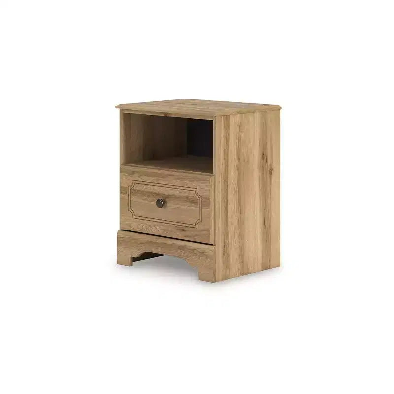 Comodino a un cassetto - Finitura Rovere Marrone Caldo, Ricarica USB-A e USB-C, Vano a giorno