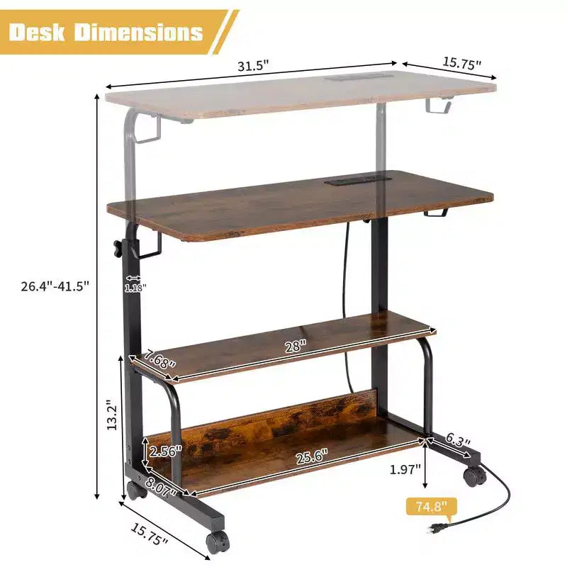 Tavolino da computer/laptop/divano/laterale regolabile in altezza e con ruote, in legno PB P2 da 15 mm e acciaio, con stazione di ricarica, 2 porte USB e prese di corrente - Marrone