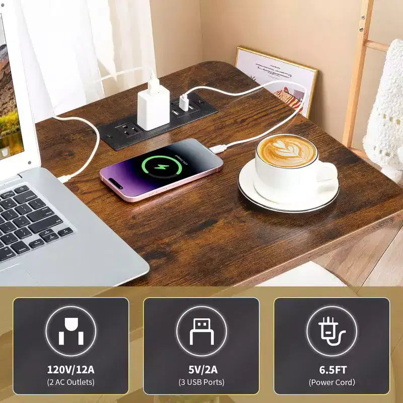 Tavolino da computer/laptop/divano/laterale regolabile in altezza e con ruote, in legno PB P2 da 15 mm e acciaio, con stazione di ricarica, 2 porte USB e prese di corrente - Marrone