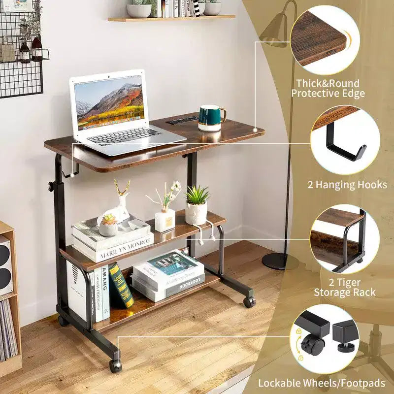 Tavolino da computer/laptop/divano/laterale regolabile in altezza e con ruote, in legno PB P2 da 15 mm e acciaio, con stazione di ricarica, 2 porte USB e prese di corrente - Marrone