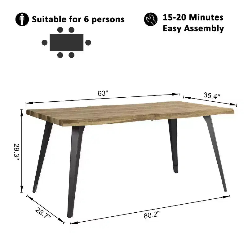 Tavolo da Pranzo Rettangolare da 6 Posti da 63", Tavolo Moderno effetto Legno con Gambe in Metallo Nero