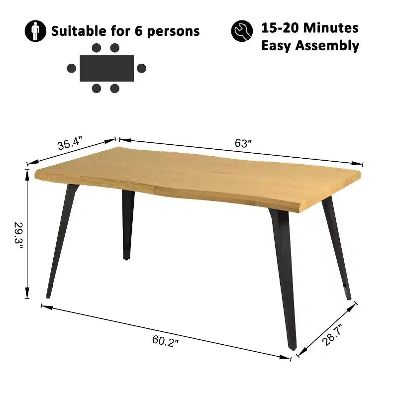 Tavolo da Pranzo Rettangolare da 6 Posti da 63", Tavolo Moderno effetto Legno con Gambe in Metallo Nero