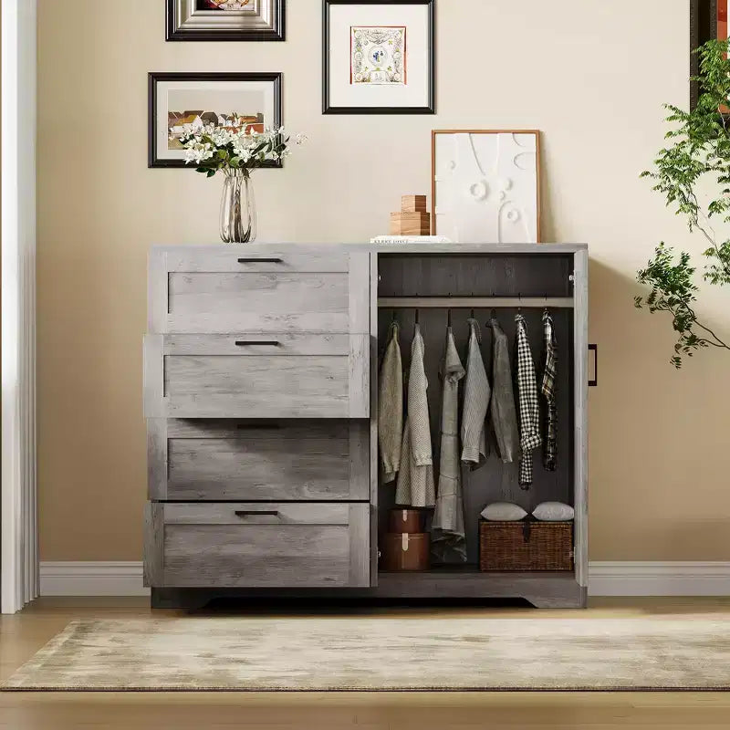 Cassettiera in legno da 43,3 H con armadio contenitore, armadio guardaroba con 4 cassetti e 2 ante