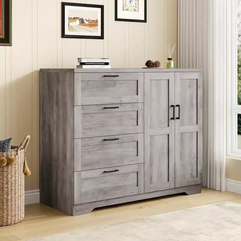 Cassettiera in legno da 43,3 H con armadio contenitore, armadio guardaroba con 4 cassetti e 2 ante