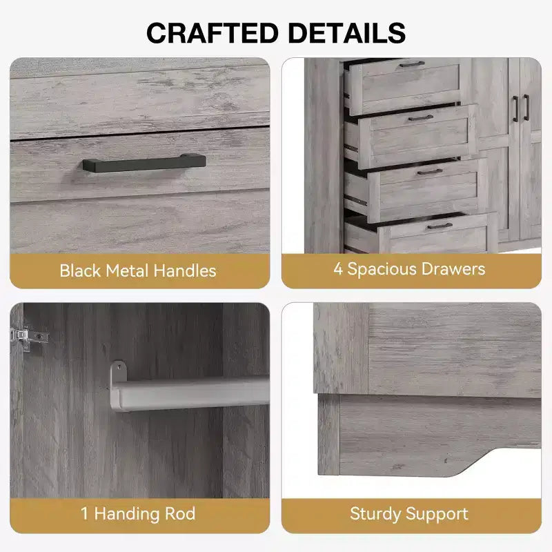 Cassettiera in legno da 43,3 H con armadio contenitore, armadio guardaroba con 4 cassetti e 2 ante