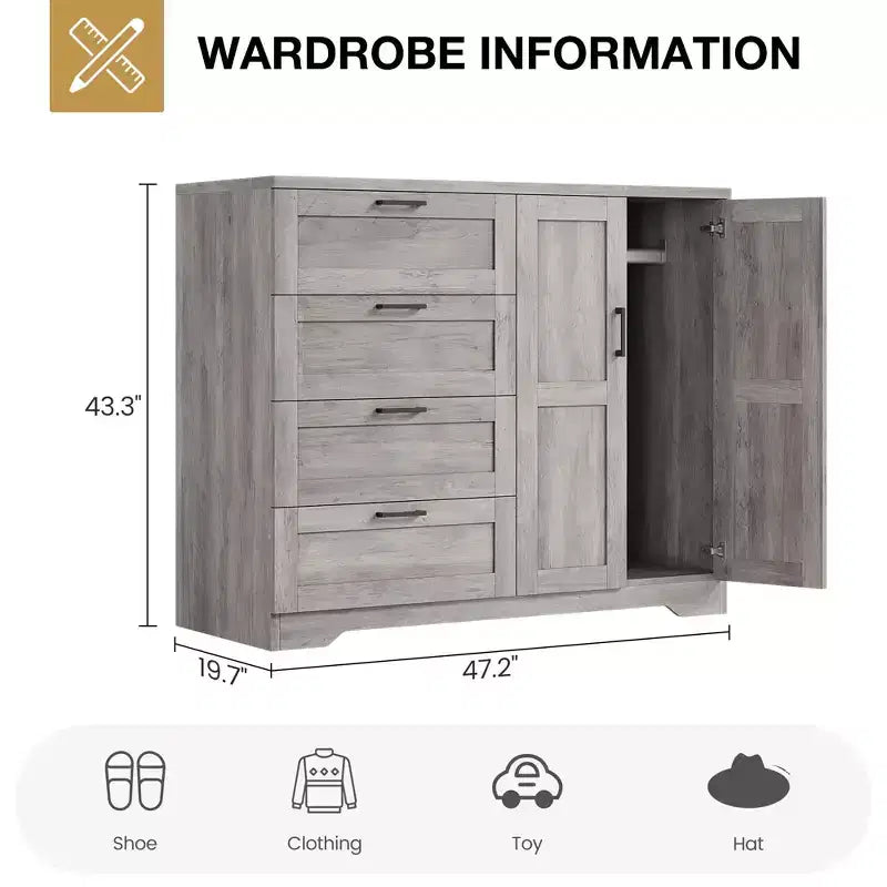 Cassettiera in legno da 43,3 H con armadio contenitore, armadio guardaroba con 4 cassetti e 2 ante