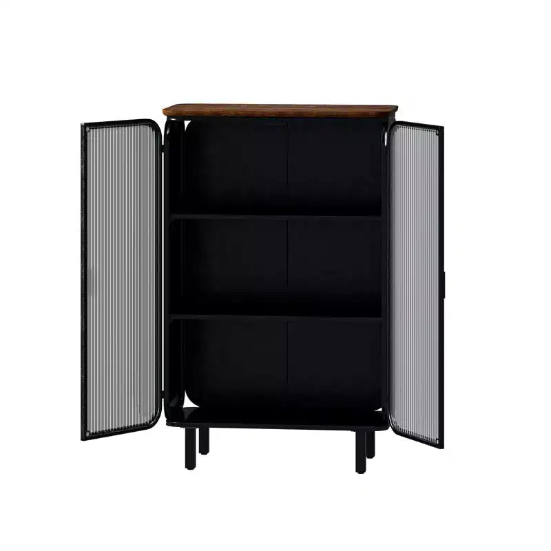 Madia moderna a due ante in vetro con ripiani a tre livelli 28.35 Top unico in legno di abete per ingresso casa, colore nero