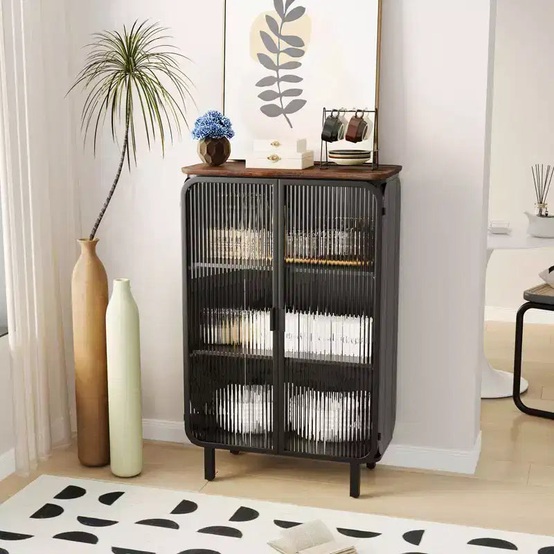 Madia moderna a due ante in vetro con ripiani a tre livelli 28.35 Top unico in legno di abete per ingresso casa, colore nero