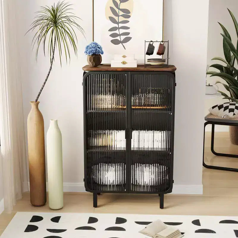 Madia moderna a due ante in vetro con ripiani a tre livelli 28.35 Top unico in legno di abete per ingresso casa, colore nero