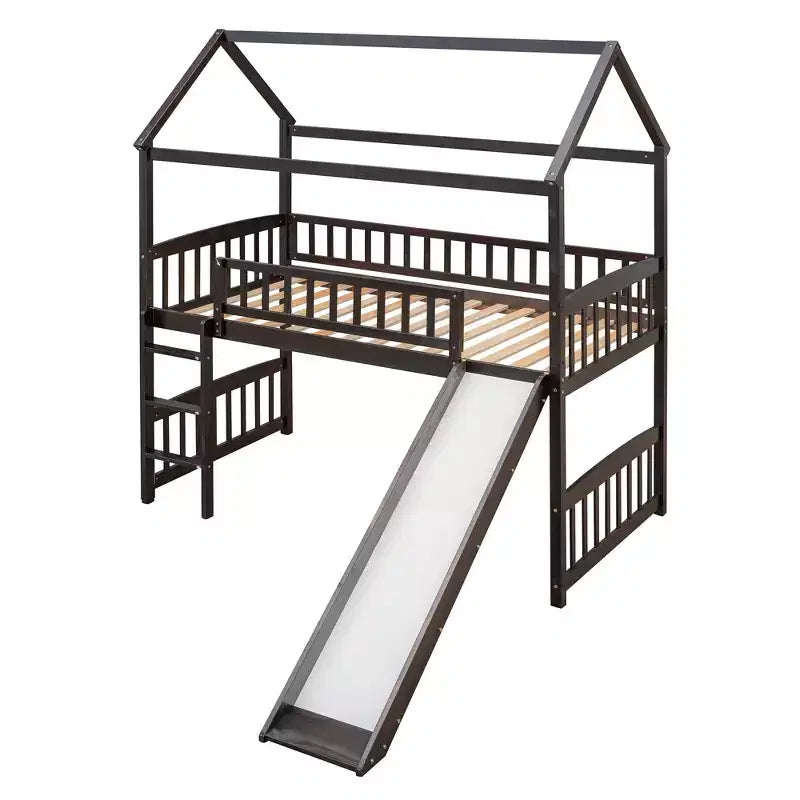 Letto a soppalco con scivolo per casa gemella, struttura in legno con letto a soppalco, scala e tetto