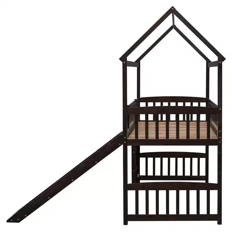 Letto a soppalco con scivolo per casa gemella, struttura in legno con letto a soppalco, scala e tetto