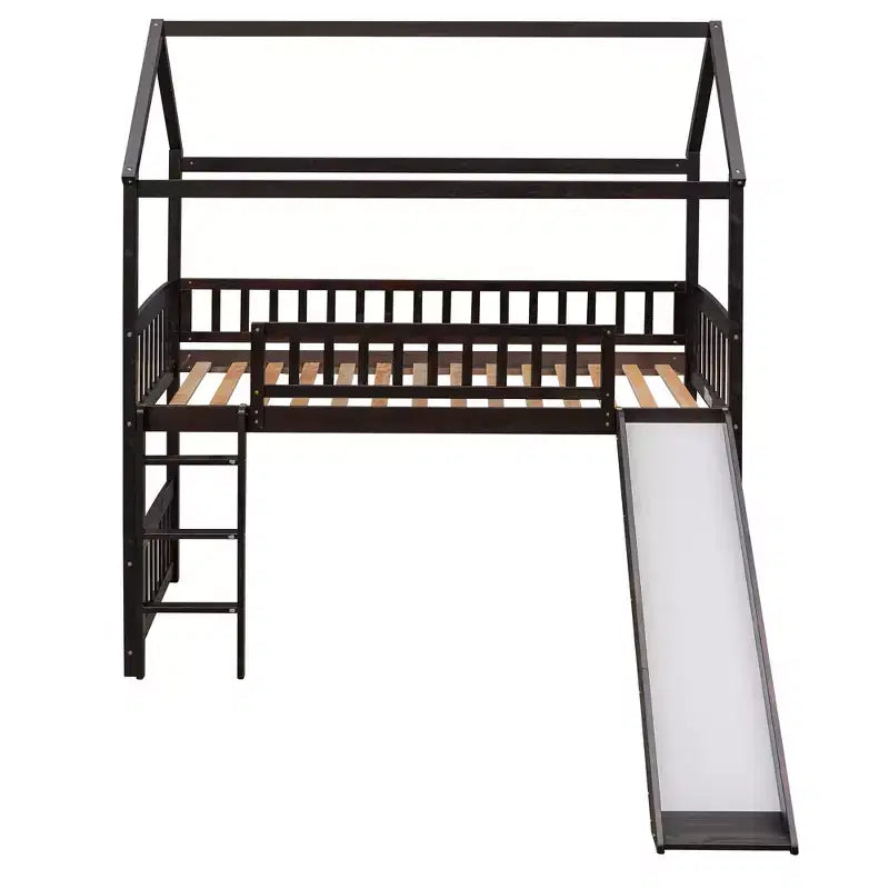 Letto a soppalco con scivolo per casa gemella, struttura in legno con letto a soppalco, scala e tetto