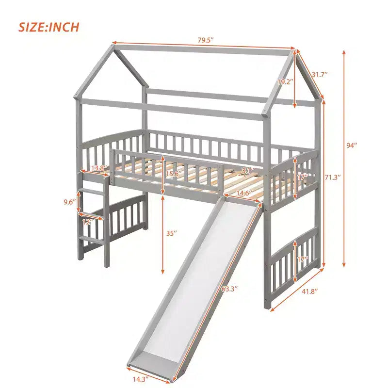Letto a soppalco con scivolo per casa gemella, struttura in legno con letto a soppalco, scala e tetto