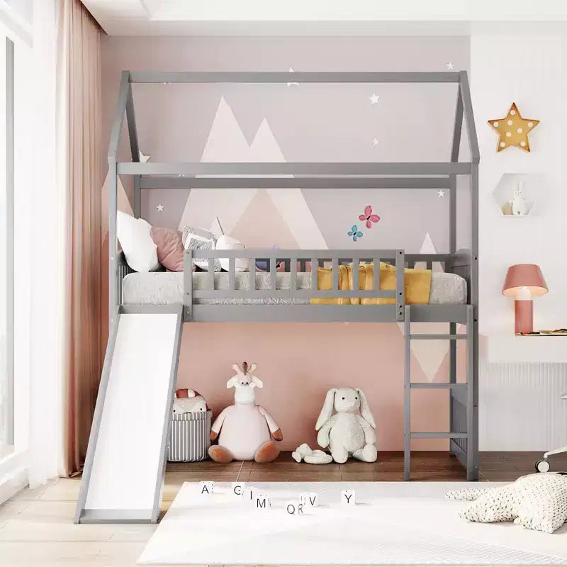 Letto a soppalco con scivolo per casa gemella, struttura in legno con letto a soppalco, scala e tetto