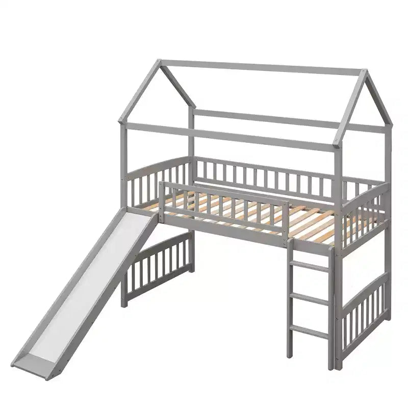 Letto a soppalco con scivolo per casa gemella, struttura in legno con letto a soppalco, scala e tetto