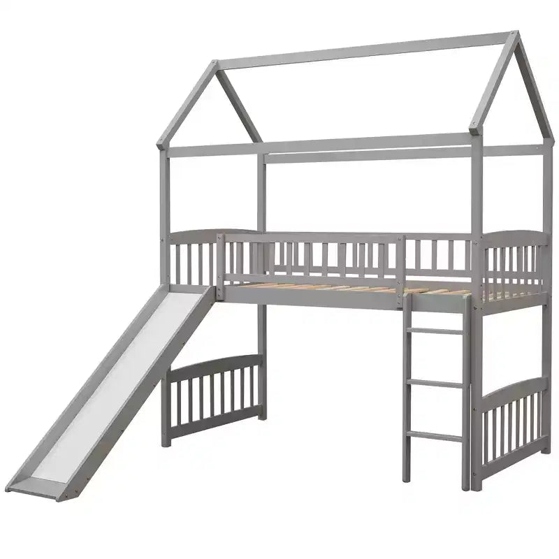 Letto a soppalco con scivolo per casa gemella, struttura in legno con letto a soppalco, scala e tetto