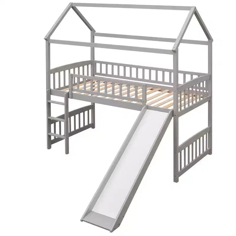 Letto a soppalco con scivolo per casa gemella, struttura in legno con letto a soppalco, scala e tetto