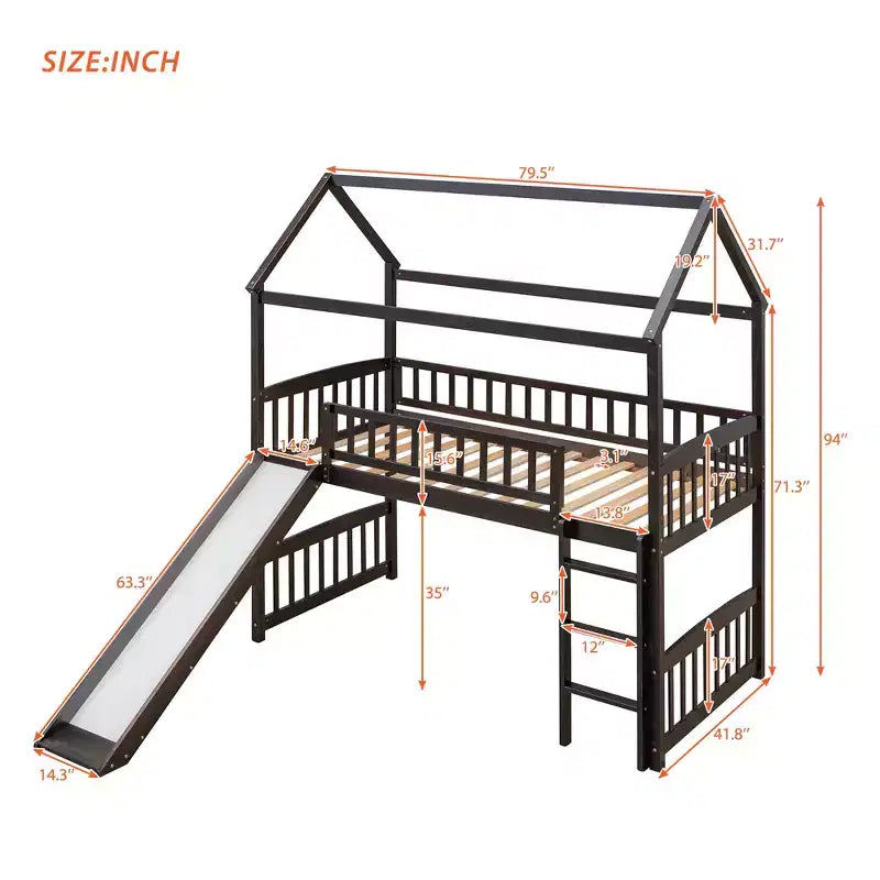 Letto a soppalco con scivolo per casa gemella, struttura in legno con letto a soppalco, scala e tetto